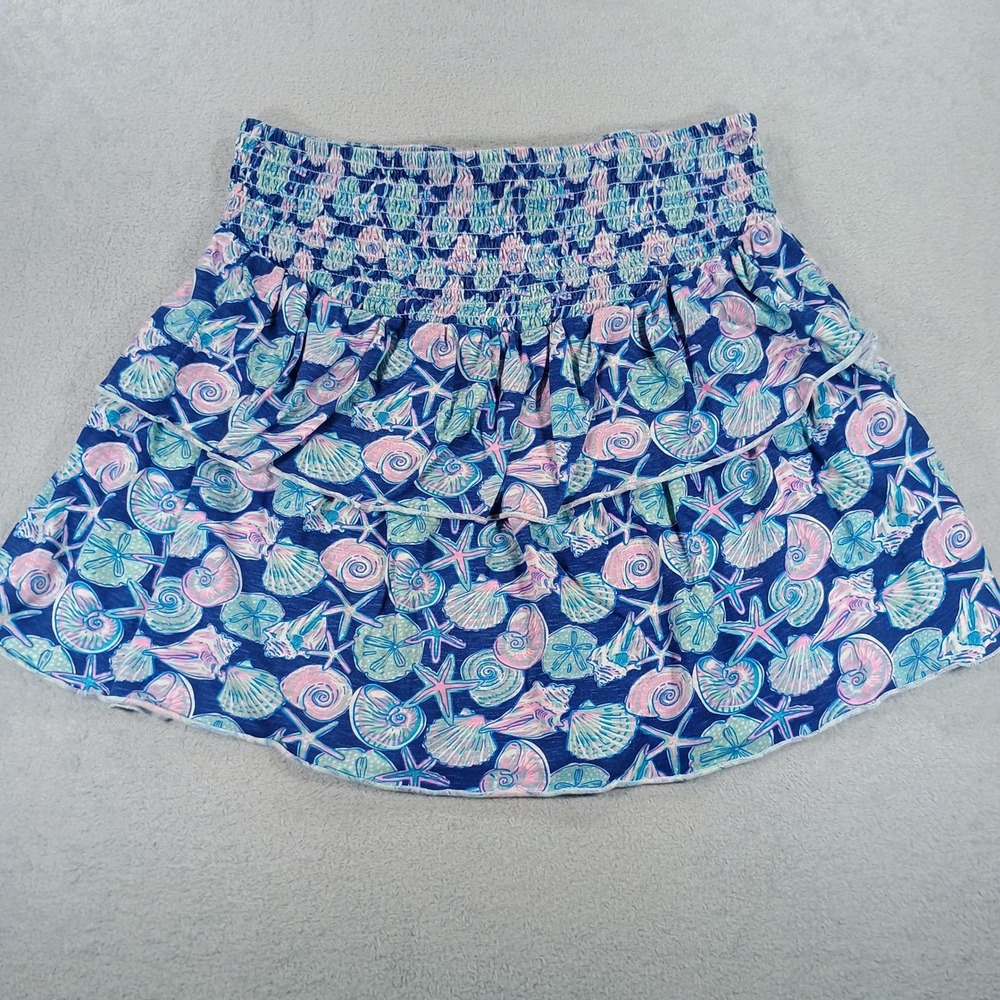 Simply Southern Women Skirt Blue XL Smocked Waist Seashell Print Tiered Ruffle